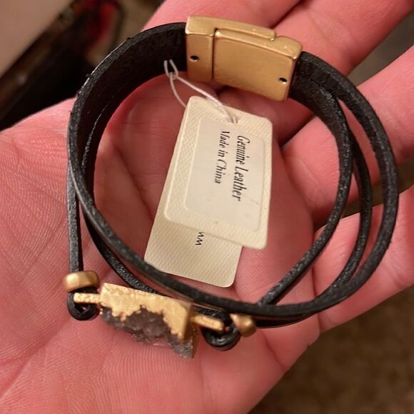 Boho stacked leather magnetic smoky druzy quartz mixed media bracelet nwt - Picture 13 of 15